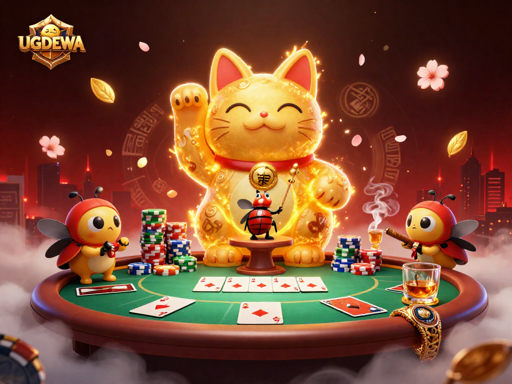 Experience the excitement of UGDEWA's vibrant online casino with a lucky cat illustration amidst poker elements.