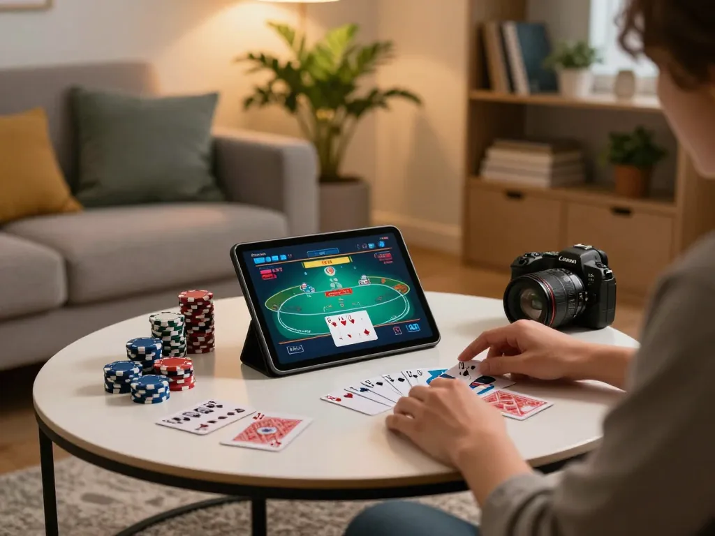 Person playing poker on a tablet while seated comfortably, showcasing 8kbet16 gaming setup at home.