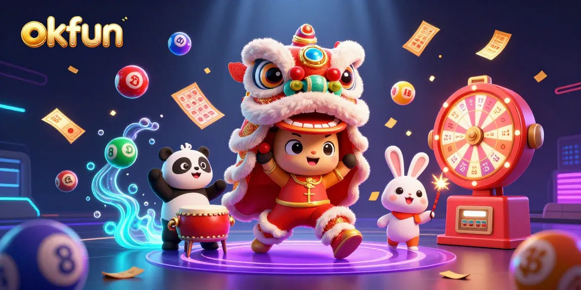 Experience fun with okfun's vibrant lottery-themed illustration filled with energetic characters and dynamic elements.