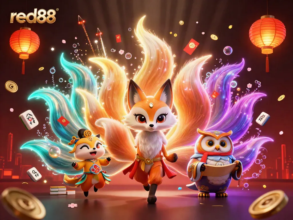 Engage with red88's vibrant 3D spirit scene featuring lucky symbols and glowing elements.
