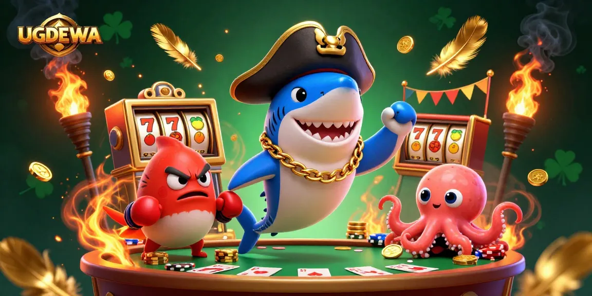 Engage with UGDEWA's exciting slots scene featuring a pirate shark, pufferfish, and octopus.