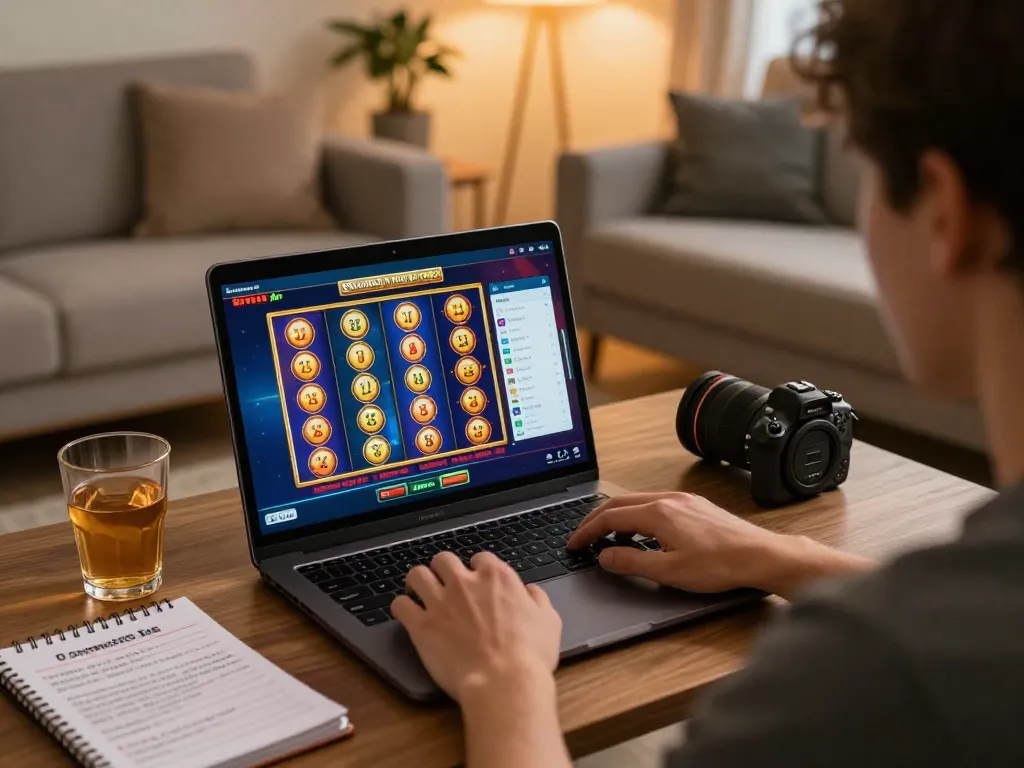 Engaging in online gameplay at home for fanstoysnewsandreviews, focusing on slot game strategies.