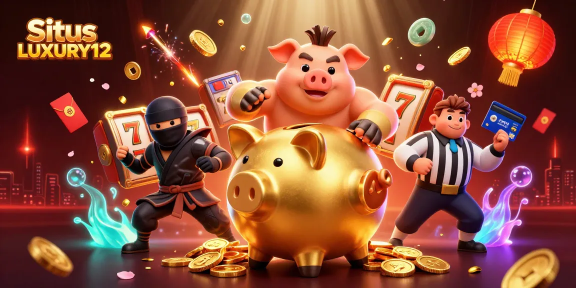 Experience dynamic gaming action with Situs LUXURY12 featuring vibrant characters, slot symbols, and festive elements.
