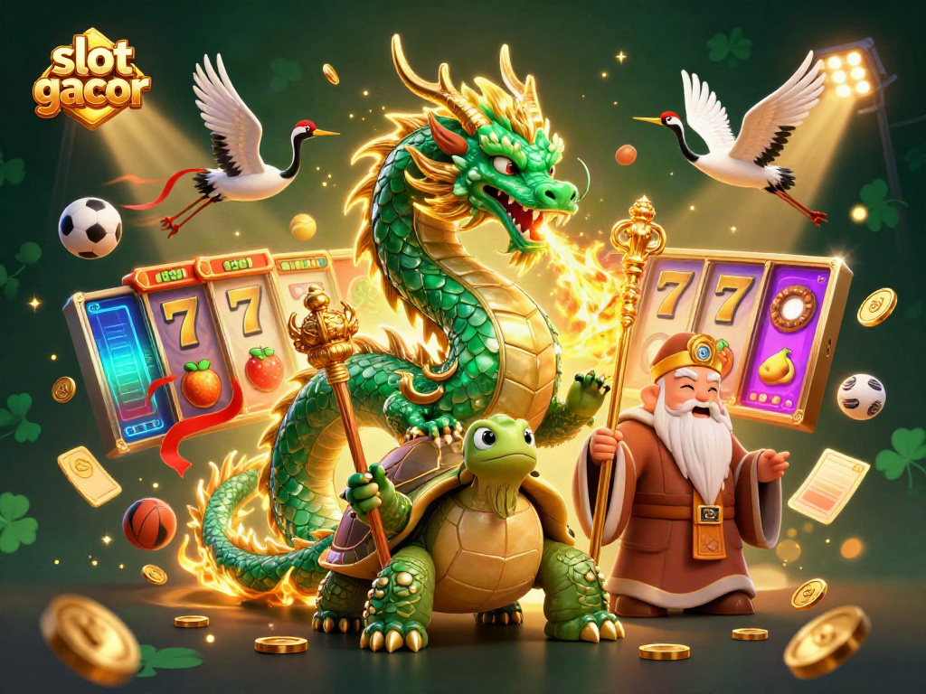 Experience the slot gacor excitement with a majestic dragon, turtle sage, and lucky cranes in a vibrant casino scene.