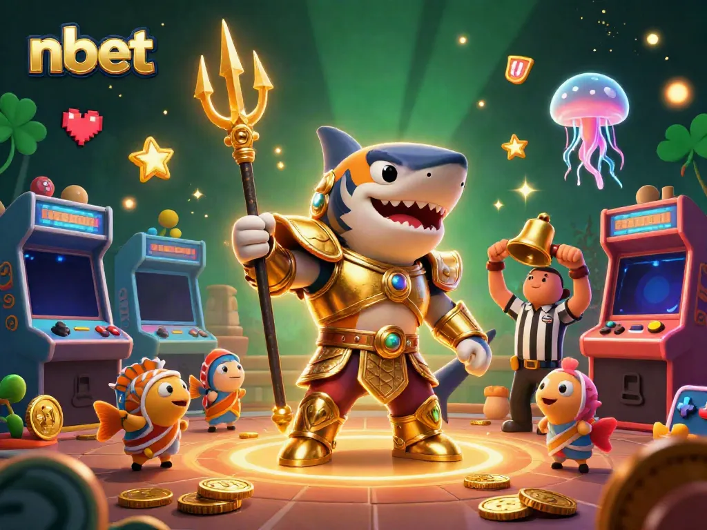 Engage with nbet’s thrilling underwater casino scene featuring a golden shark and vibrant arcade elements.