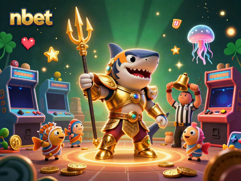 Engage with nbet’s thrilling underwater casino scene featuring a golden shark and vibrant arcade elements.