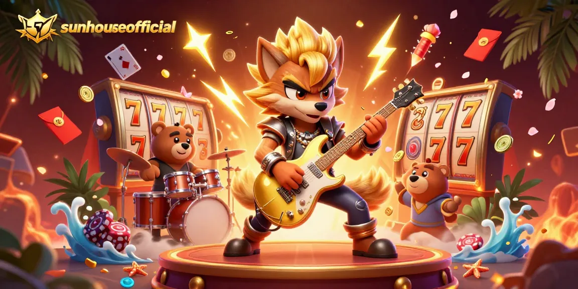 Experience thrilling wins at sunhouseofficial's exciting casino scene featuring vibrant characters and dynamic gaming elements.