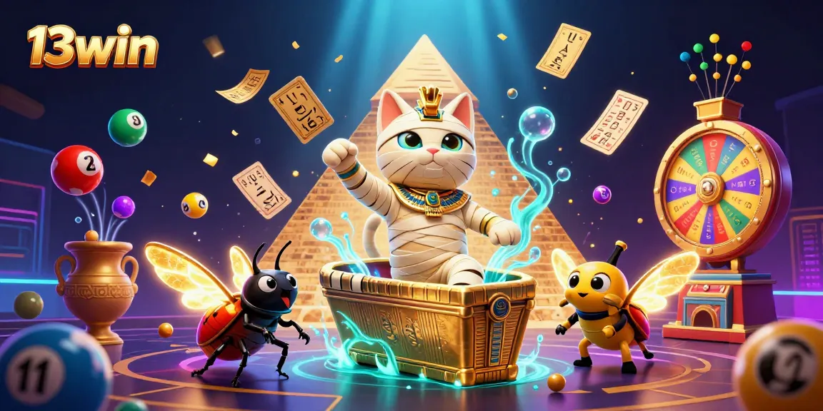 Experience thrills with 13win as a mummy cat and scarab beetle reveal exciting lottery elements.