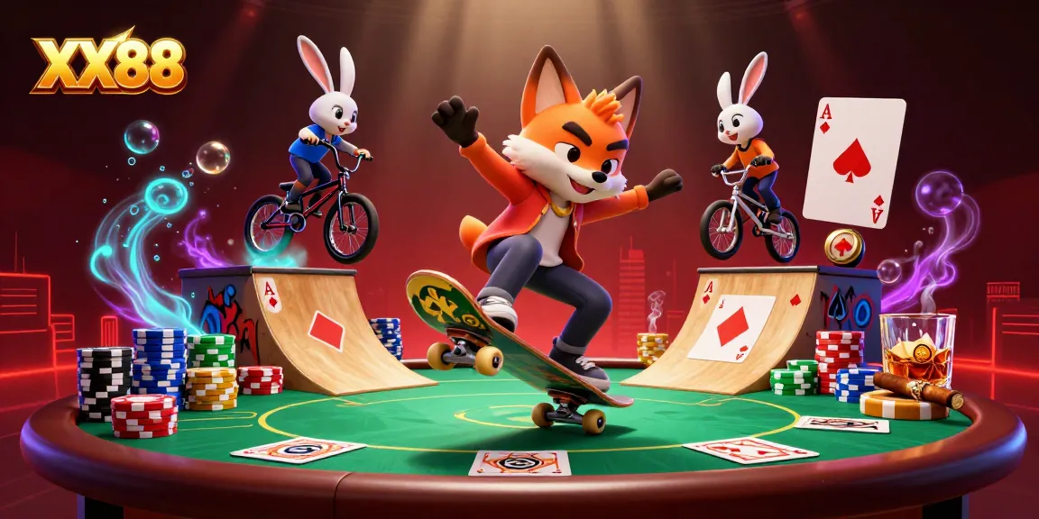 XX88 highlights fast-paced gaming with vibrant characters doing tricks over poker chips.