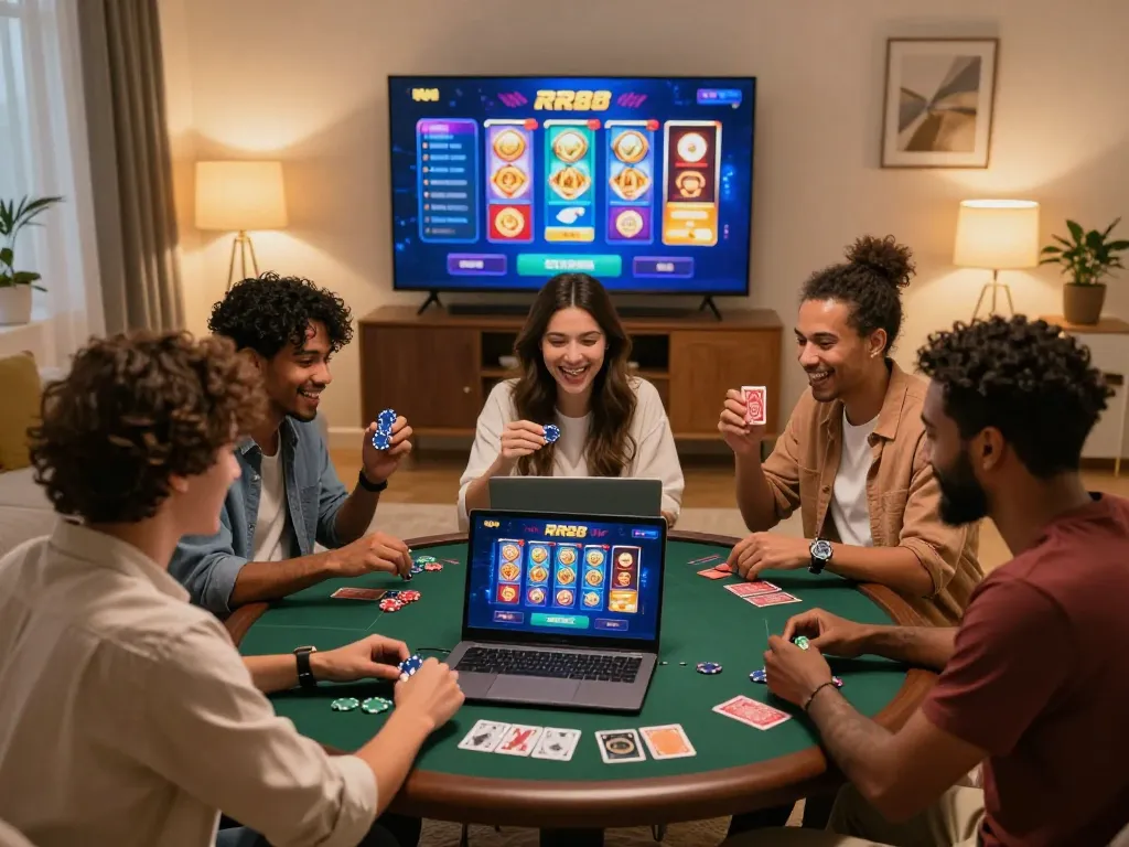 Engaged friends enjoying the RR88 online gambling experience in a cozy living room.