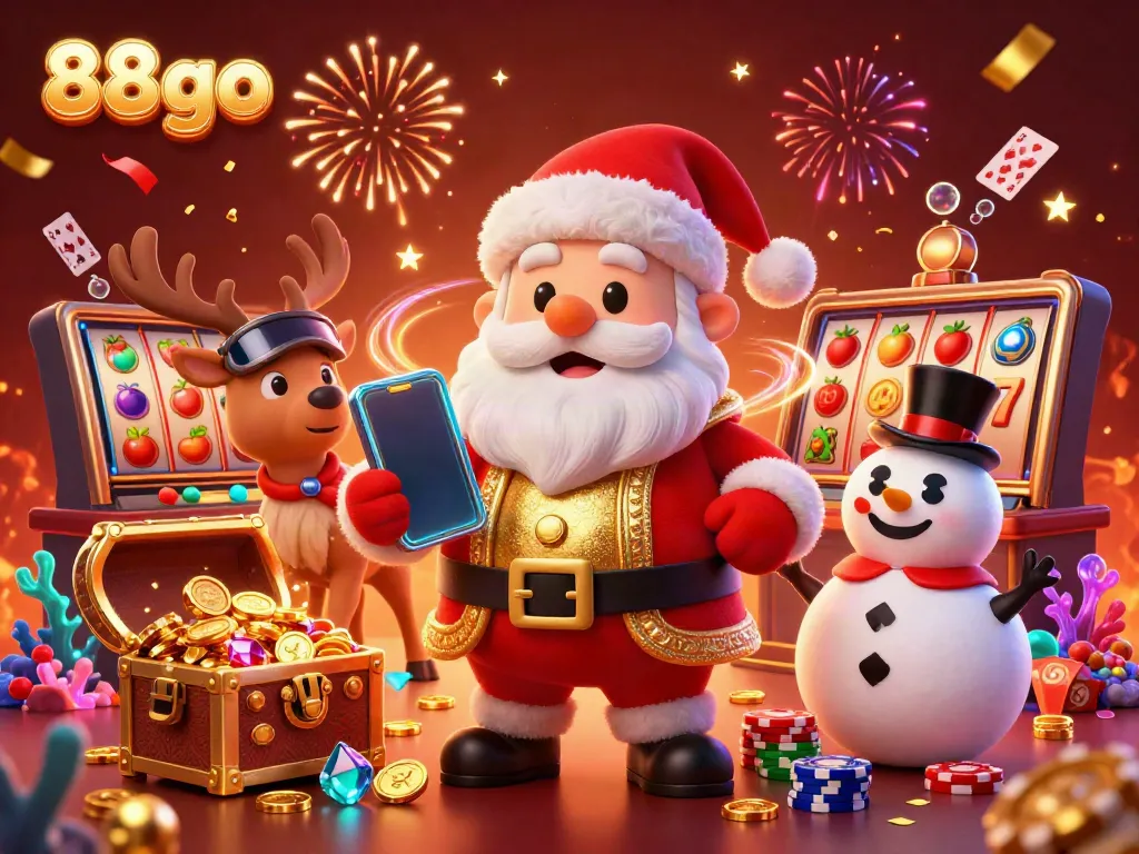 88go presents a festive casino scene with Santa, reindeer, and snowman engaging in jackpot slots excitement.