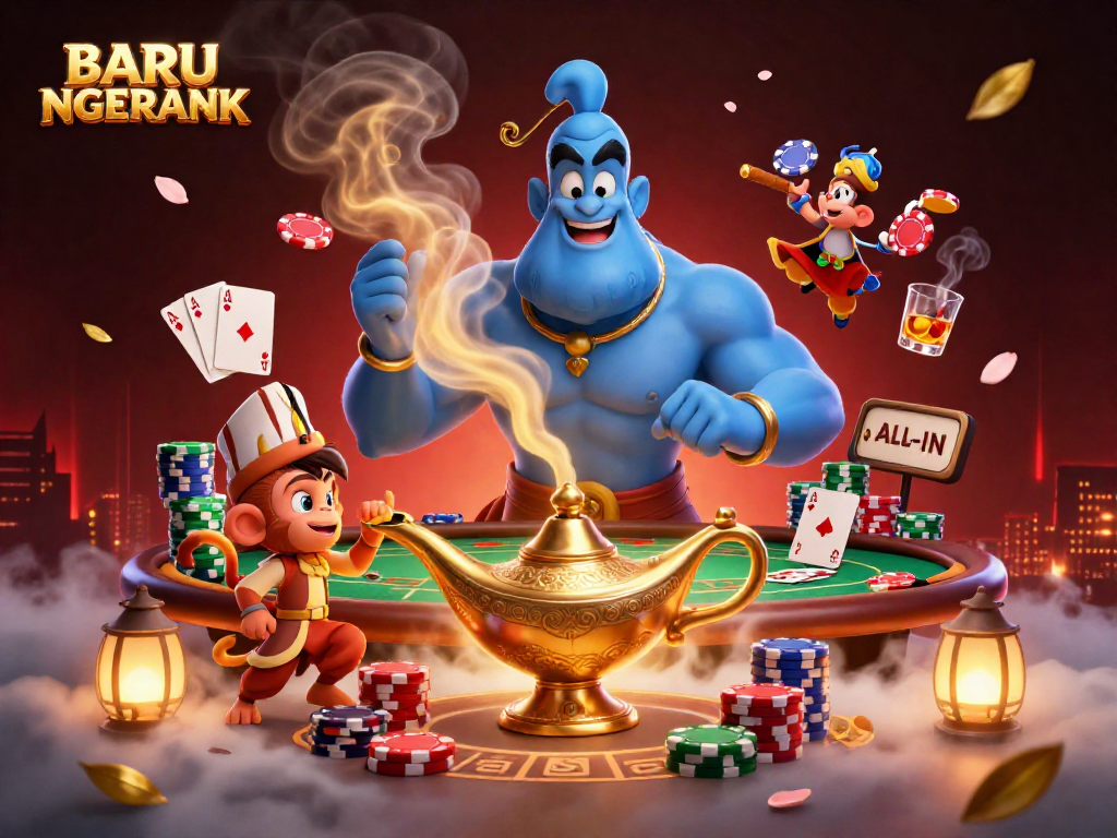 Engage with BARU NGERANK as the genie unleashes vibrant casino energy amidst poker chips and cards.