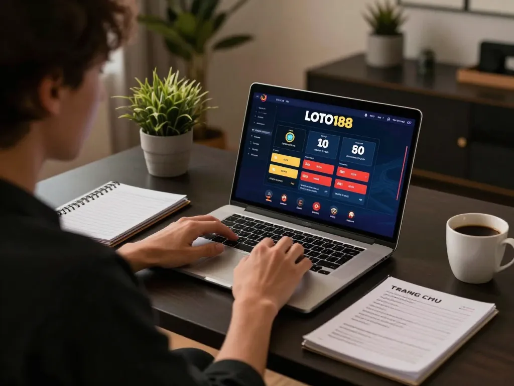 Engaged player analyzing betting strategies on LOTO188 TRANG CHỦ interface at home office.