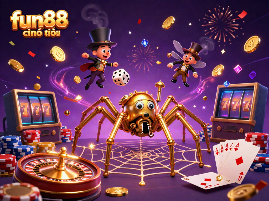 Engage in fun88 chính thức with a lively casino scene featuring a golden spider and playful fly amidst cascading coins and cards.