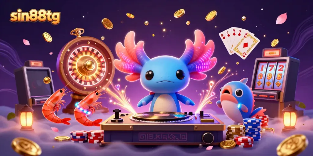 Experience vibrant fun at sin88tg with a neon axolotl DJ and dazzling casino elements.
