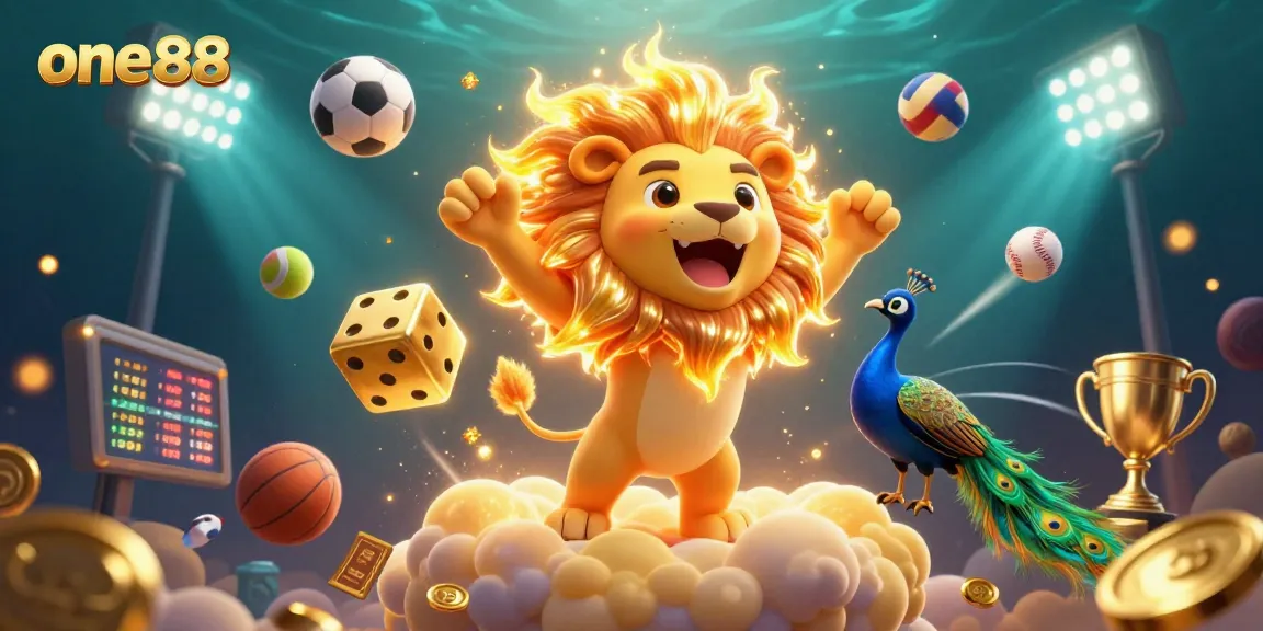 Experience thrilling wins at one88 with a triumphant sun lion amidst dynamic sports and casino elements.