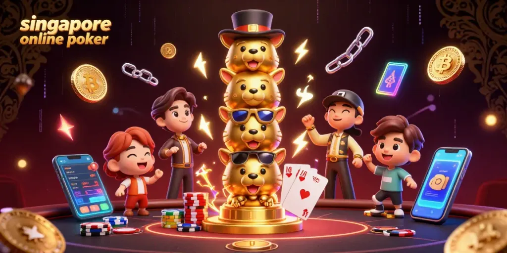 Engage in singapore online poker with dynamic 3D visuals of poker elements and vibrant crypto assets.