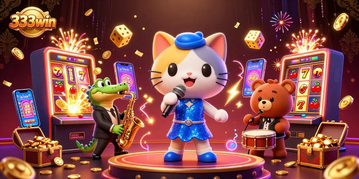 Experience the excitement of 333win's vibrant casino stage with dynamic characters and a dazzling slot machine theme.