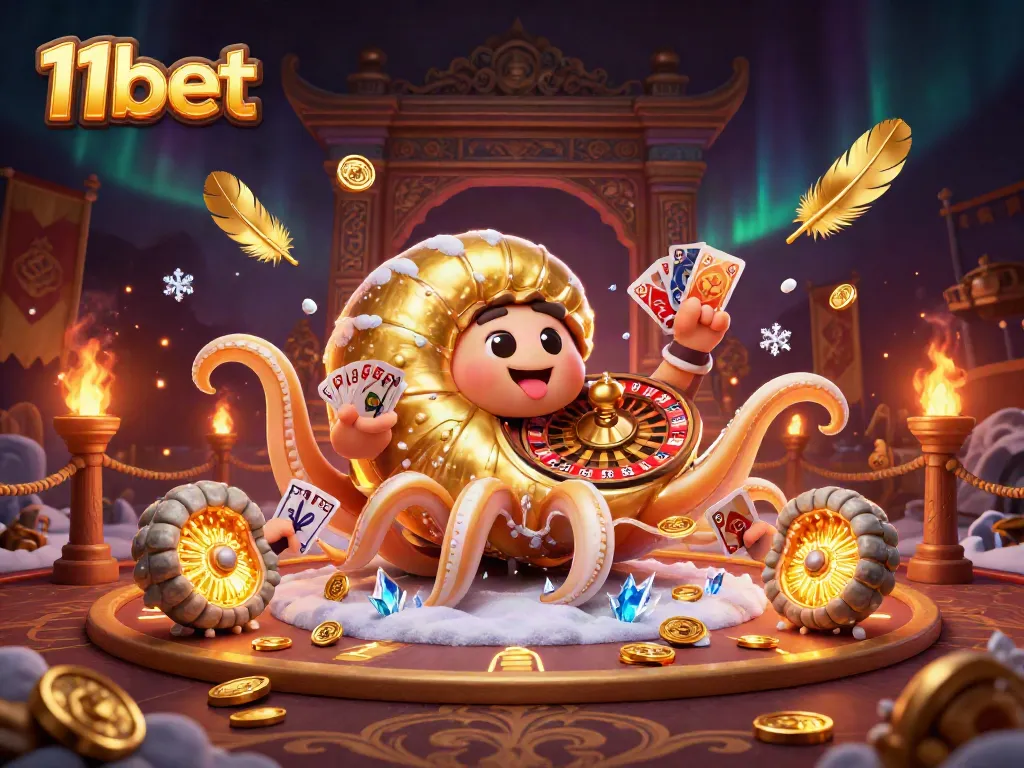 Experience thrilling gaming at 11bet with a vibrant scene of a giant nautilus roulette and glowing cards.