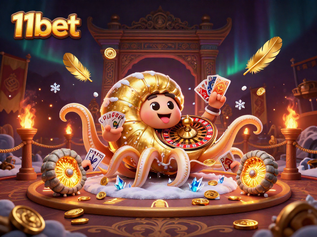 Experience thrilling gaming at 11bet with a vibrant scene of a giant nautilus roulette and glowing cards.