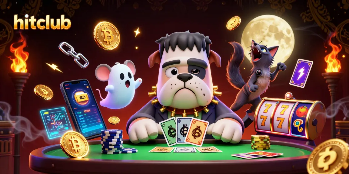 hitclub showcases an exciting 3D scene with a bulldog dealer, ghost mouse, and kitten surrounded by slots and crypto elements