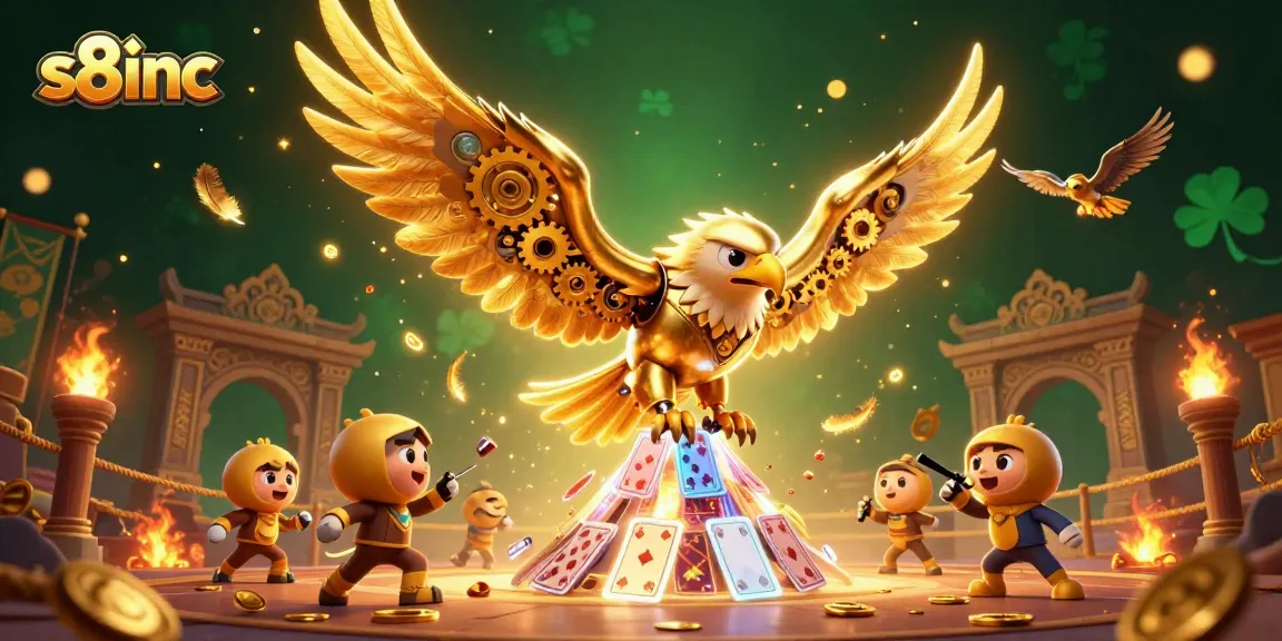 S8inc ignites excitement with a dynamic 3D illustration of a cybernetic eagle diving through cards, showcasing vibrant gaming elements.