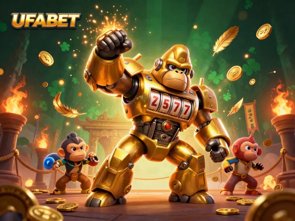 Experience thrilling gameplay at UFABET with dynamic casino action featuring a mech and coins.