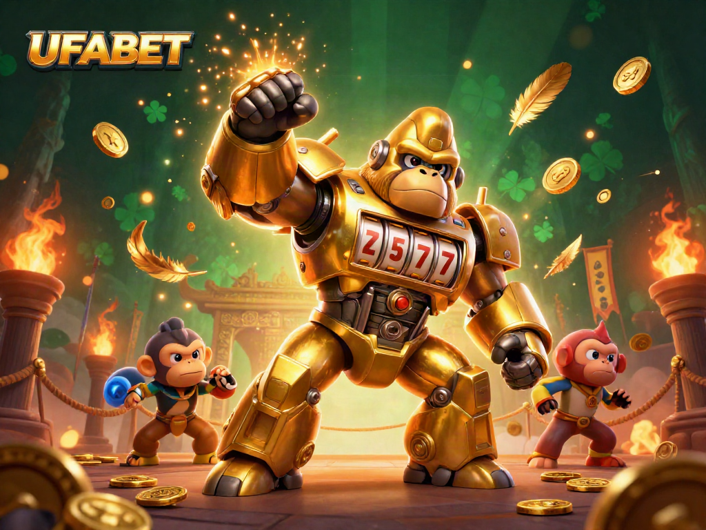 Experience thrilling gameplay at UFABET with dynamic casino action featuring a mech and coins.