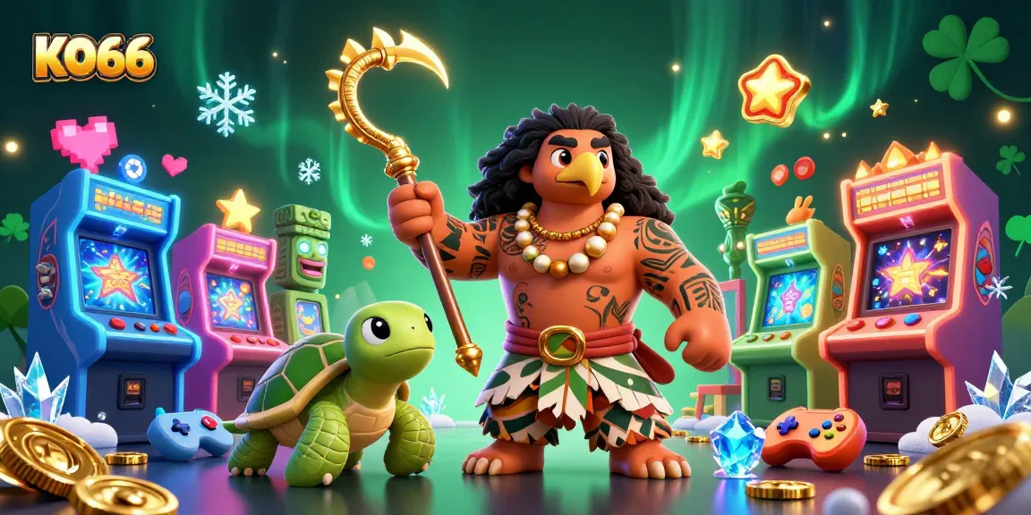 Experience KO66 with vibrant gaming characters amidst colorful arcade machines and glowing highlights.