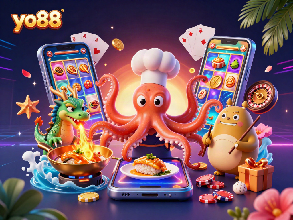 Experience the thrill of yo88 with a vibrant 3D illustration featuring an octopus chef and a fiery dragon!