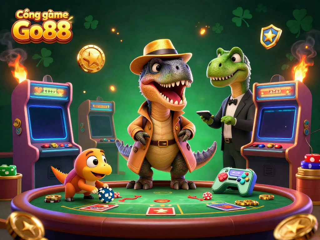 Cổng game Go88 features a story-driven scene with vibrant characters and bright casino elements.