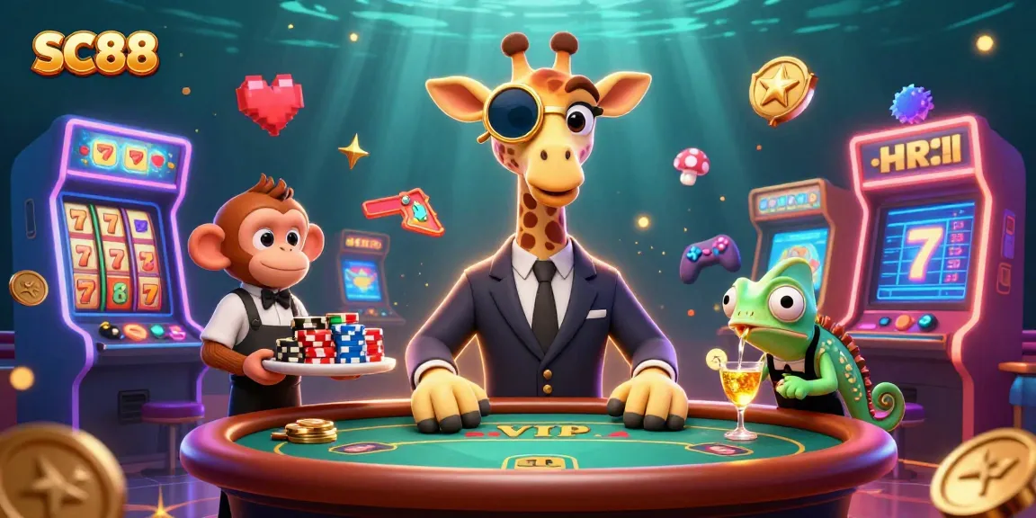 Join the excitement at SC88 with a high-roller giraffe and vibrant casino elements, capturing the thrill of gaming.