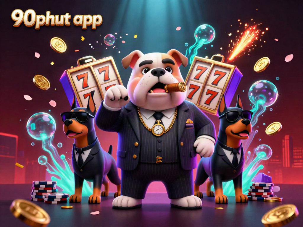Experience the thrilling 90phut app showcasing a charismatic mafia boss bulldog in a vibrant casino scene with dynamic elements.