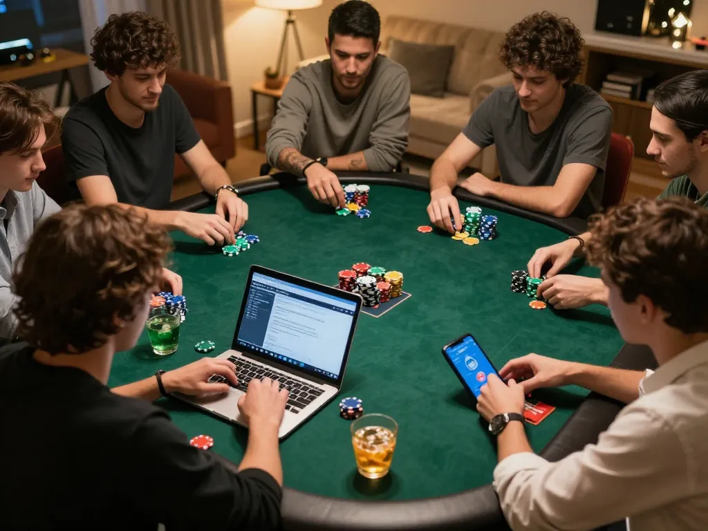 RR88 players strategizing in an online poker game setup with laptops and cozy environment.