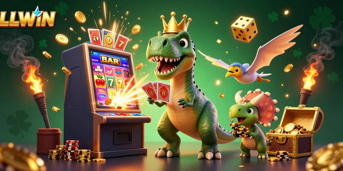 Experience LLWIN's gaming excitement as a T-Rex shuffles cards while a baby triceratops stacks chips.