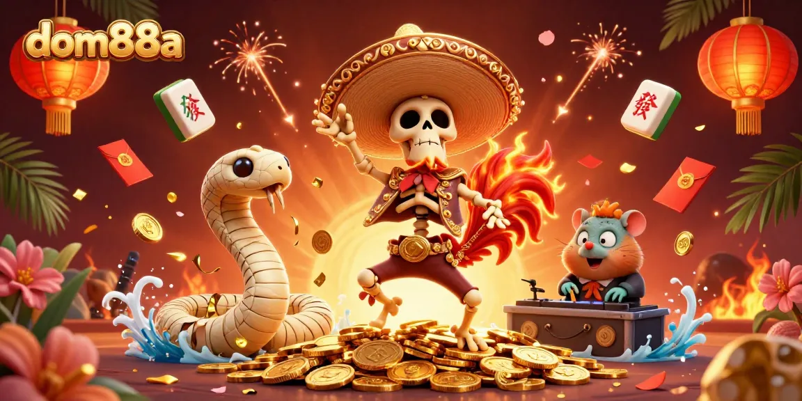Experience the excitement at dom88a with vibrant characters celebrating gaming success on a treasure of coins.