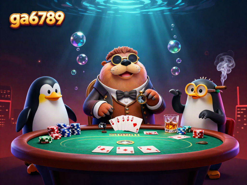 ga6789 showcases a vibrant underwater poker scene with a walrus, penguin dealer, and pufferfish, highlighting thrilling gambling action.