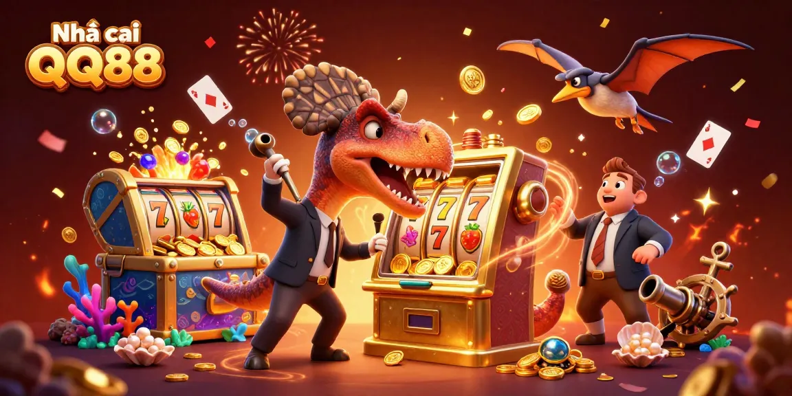 Witness a 3D cartoon scene of Nhà cái QQ88 with a dinosaur jackpot adventure filled with vibrant casino elements.