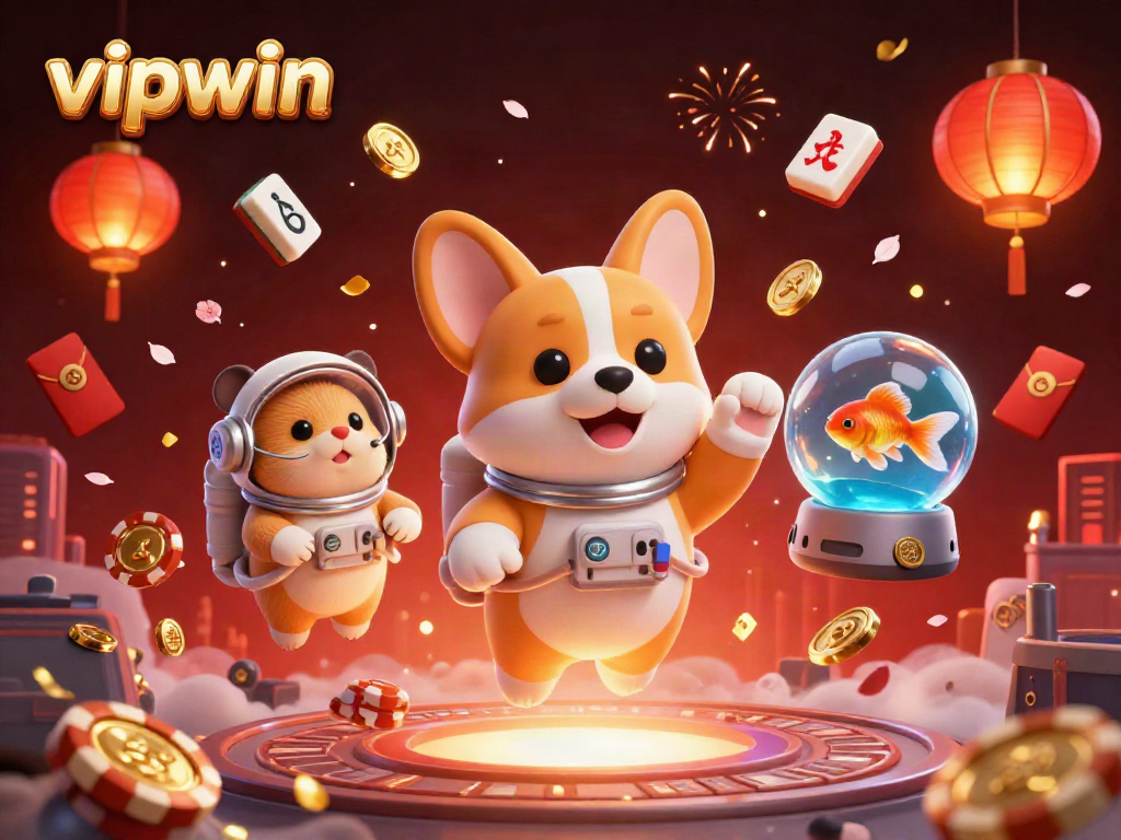 Experience the vibrant gaming action at vipwin with animated corgi, hamster, and goldfish in a cosmic casino.