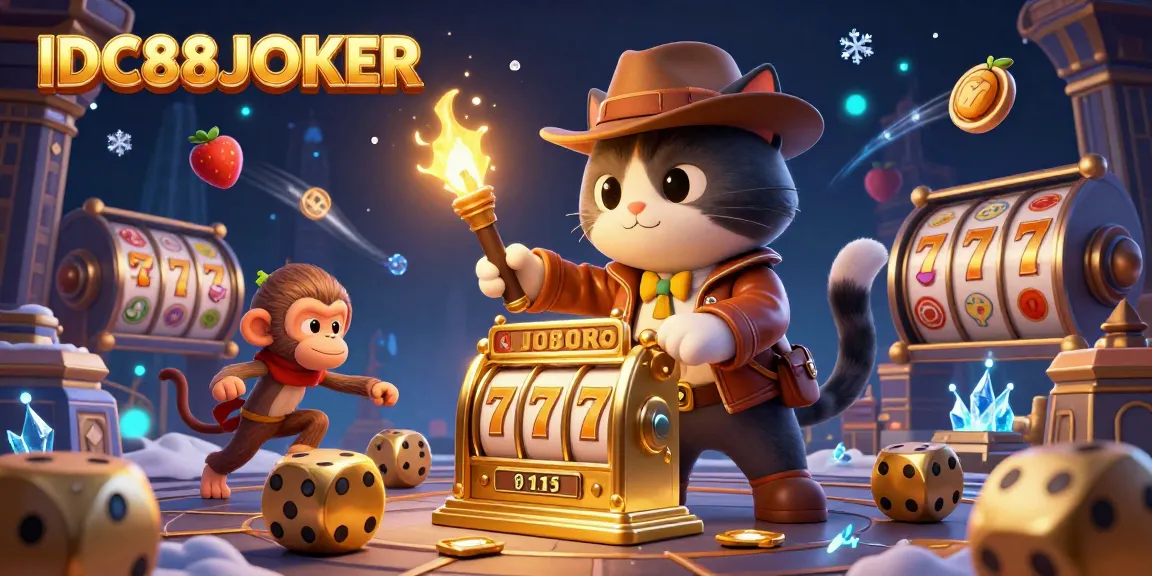 Winning big at IDC88JOKER with a cartoon archaeologist cat uncovering a golden slot machine in a mystical temple.