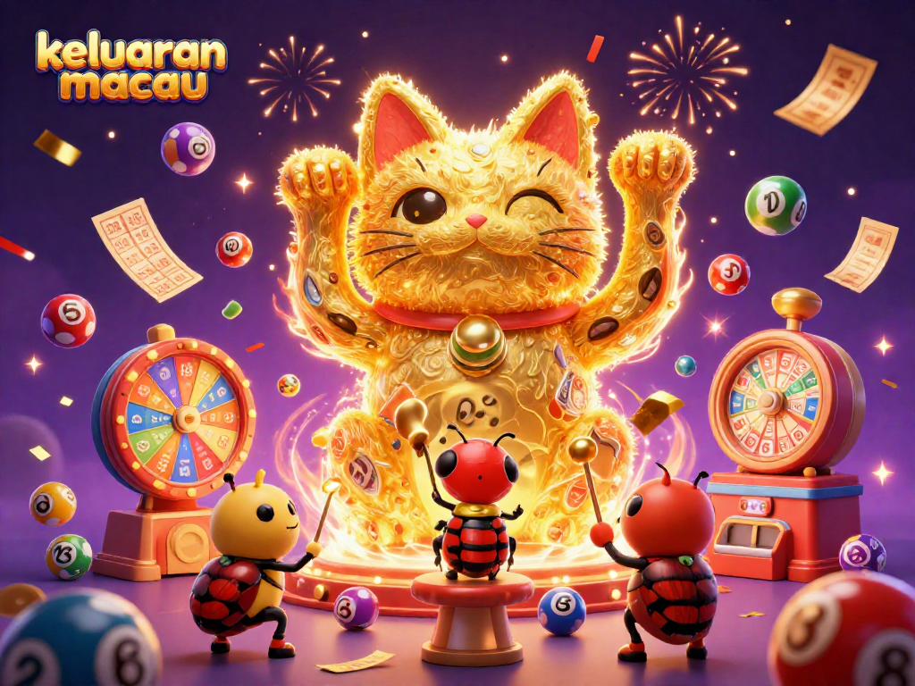 Immerse yourself in keluaran macau as vibrant lottery elements collide with a lucky cat in a colorful casino scene.
