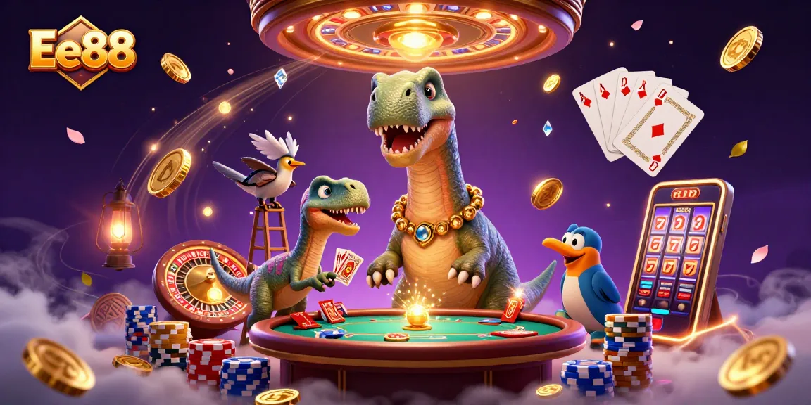 Join the thrill at Ee88 with dinosaurs, poker tables, and cascading coins in this vibrant casino scene.