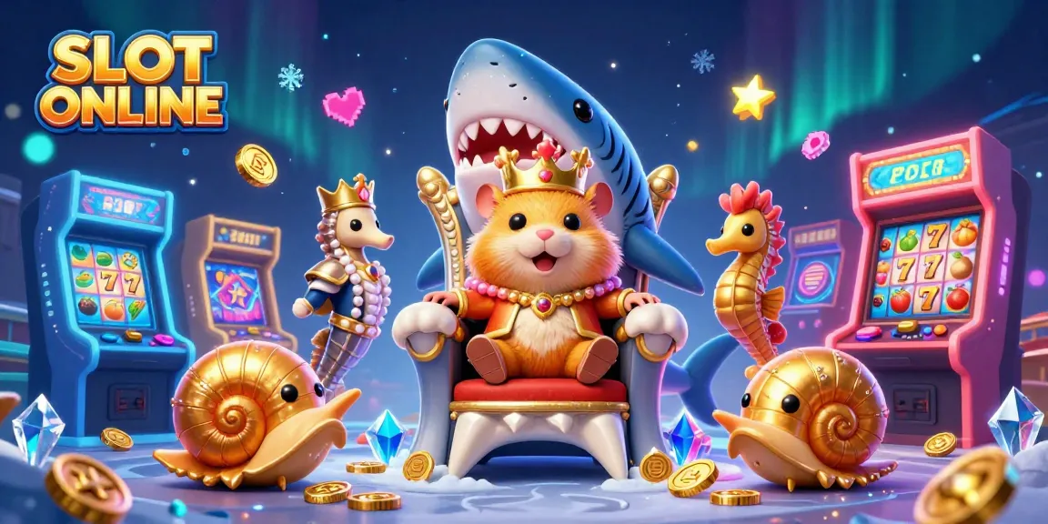 Experience the thrill of SLOT ONLINE with a golden hamster king in a vibrant, dynamic casino scene.