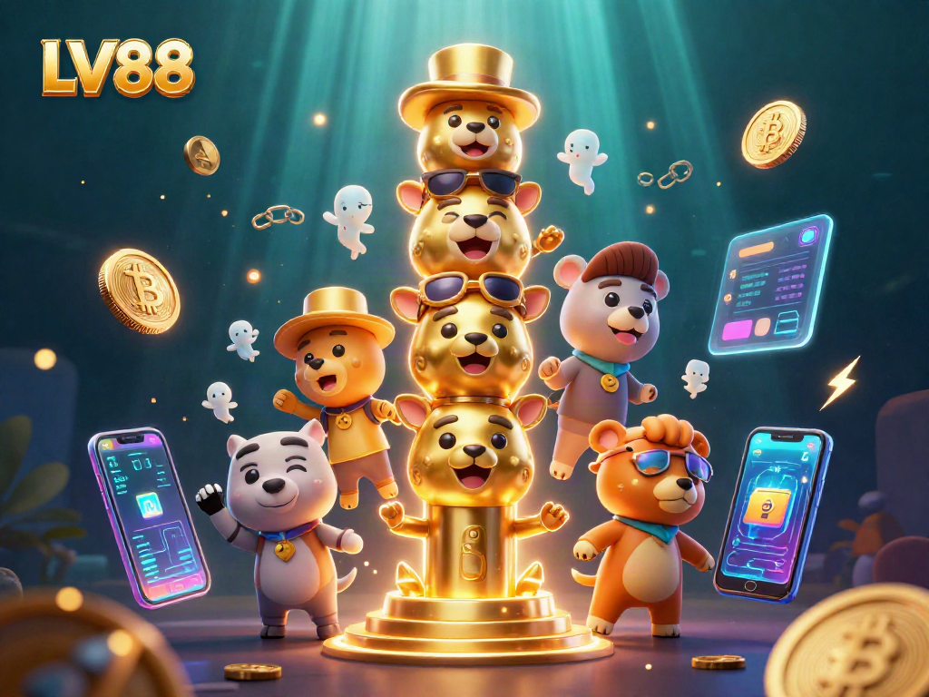 Engage with LV88's vibrant 3D casino scene featuring glowing crypto coins and a golden totem pole.