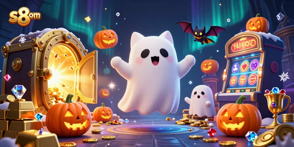 Spin and win at S8 com with a colorful ghost cat enjoying a casino adventure.