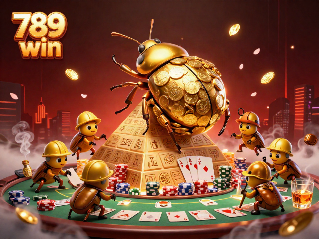 Experience the thrill of 789 win gaming with golden beetles rolling coins and vibrant poker elements.