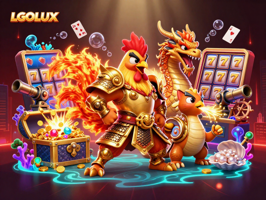 Engage with LGOLUX's energetic gaming experience through vibrant casino scenes featuring dynamic characters and slots.