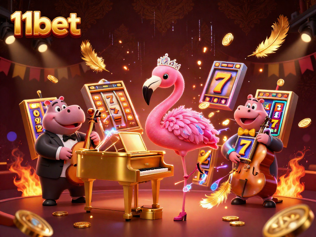 Engage with vibrant 11bet casino action, showcasing a flamingo singer and hippo bassist in a lively slot environment.