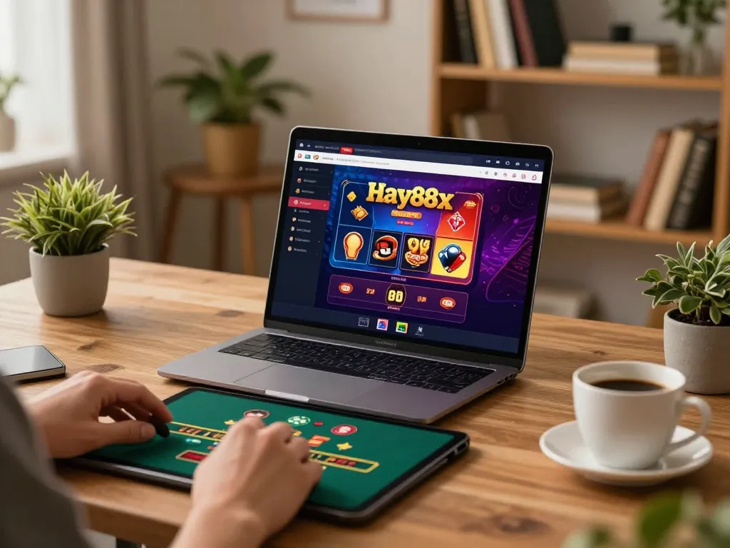 Engaging gameplay on Hay88x online casino platform with smart device and gaming setup