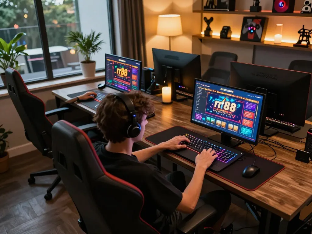 Engaging with the rr88 online casino on a stylish gaming setup.